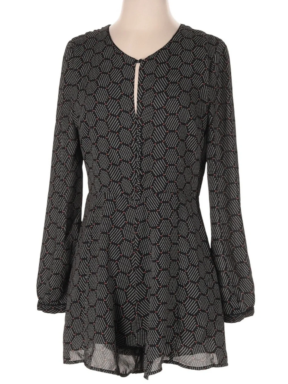 Anthropologie Harlyn Honeycomb Print Long-Sleeve Romper in Black & Cream - Picture 2 of 16